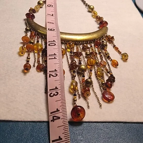 Elegant Gold and Brown Chain/Beaded Statement Necklace Boho Granny Chic - Picture 5 of 7